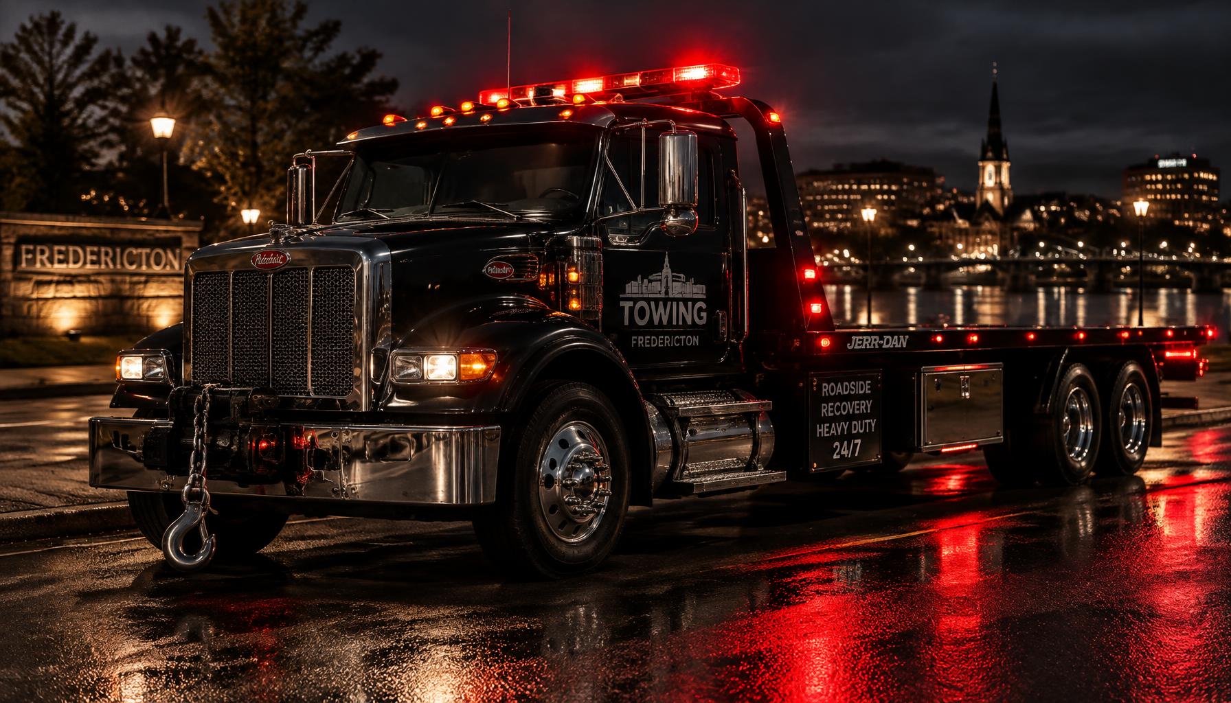Danif & Fab tow truck at night with red emergency lights in Fredericton